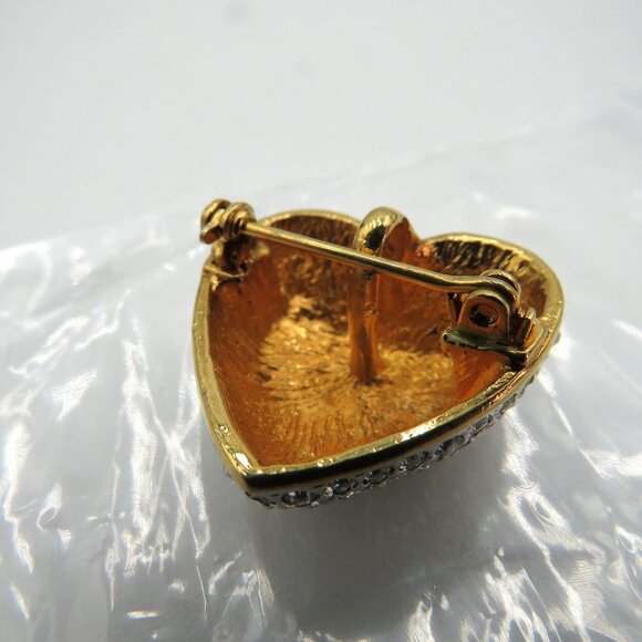 Vintage Heart Brooch Pave Rhinestone Puff Gold Tone Back Pendant - Picture 9 of 9